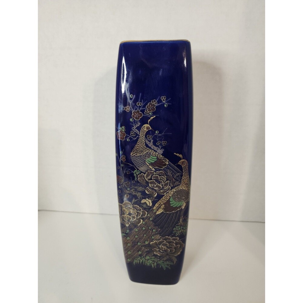 Vintage Japanese Cobalt Blue Porcelain Vase Peacocks And Gold Accents - 11 1/4”